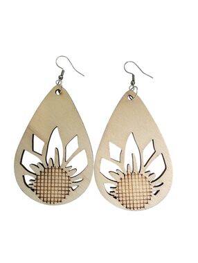 (4)Wooden Sunflower Teardrop Earrings - Natural